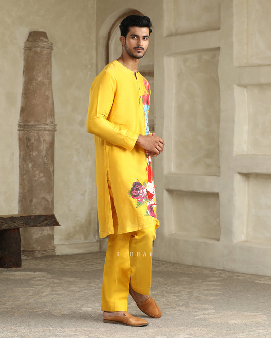 Handpainted Floral Yellow Kurta Set