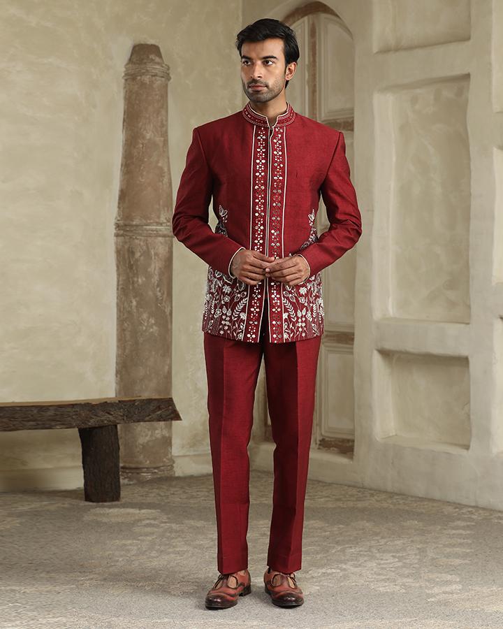 Maroon safed bageecha embroidered bandhgala set