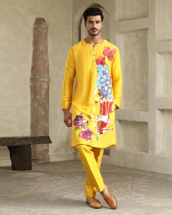 Handpainted floral yellow round neck kurta set