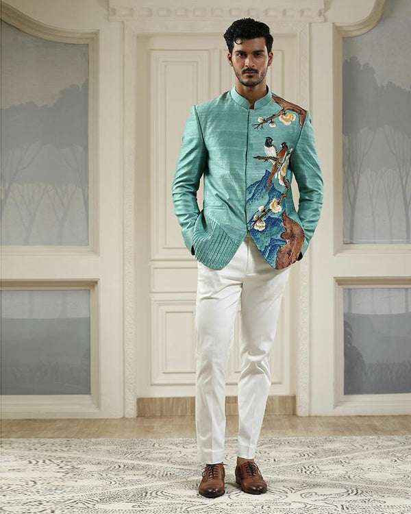 Neel panchi hand painted embroidered bandhgala set