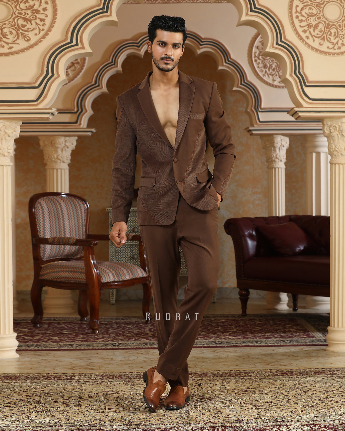 Brown Textured Applique Suit Set