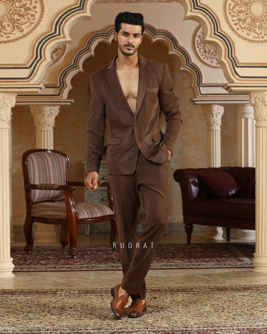 Brown Textured Applique Suit Set