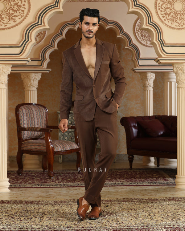 Brown Textured Applique Suit Set