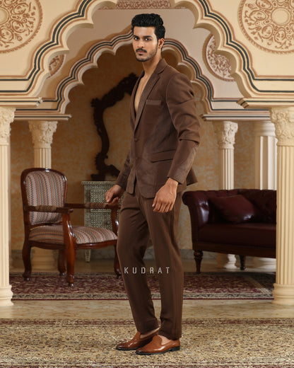 Brown Textured Applique Suit Set