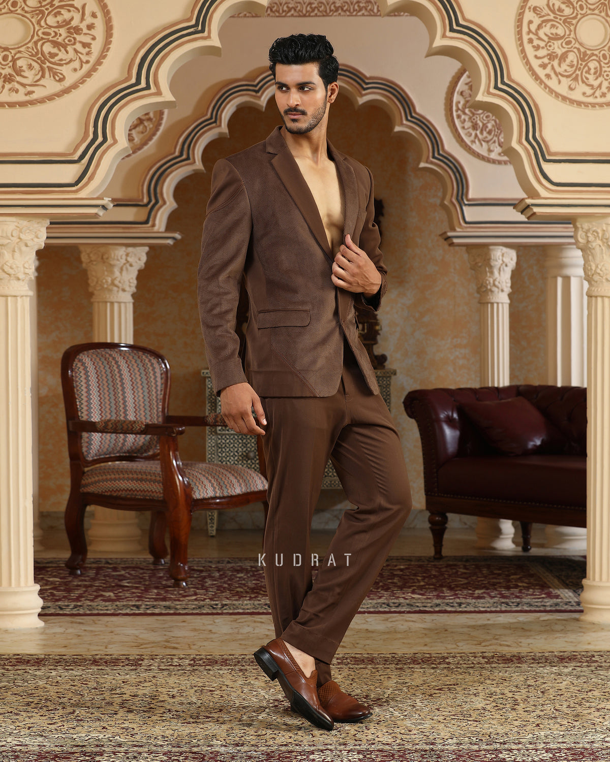 Brown Textured Applique Suit Set