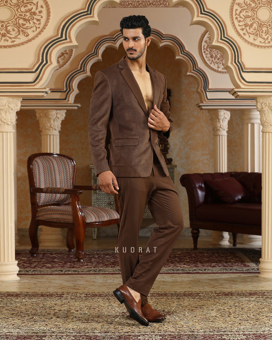 Brown Textured Applique Suit Set