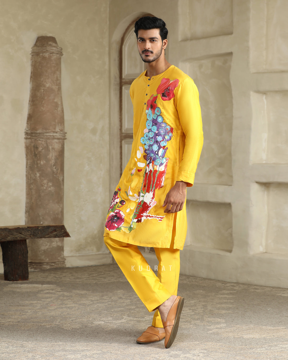 Handpainted Floral Yellow Kurta Set