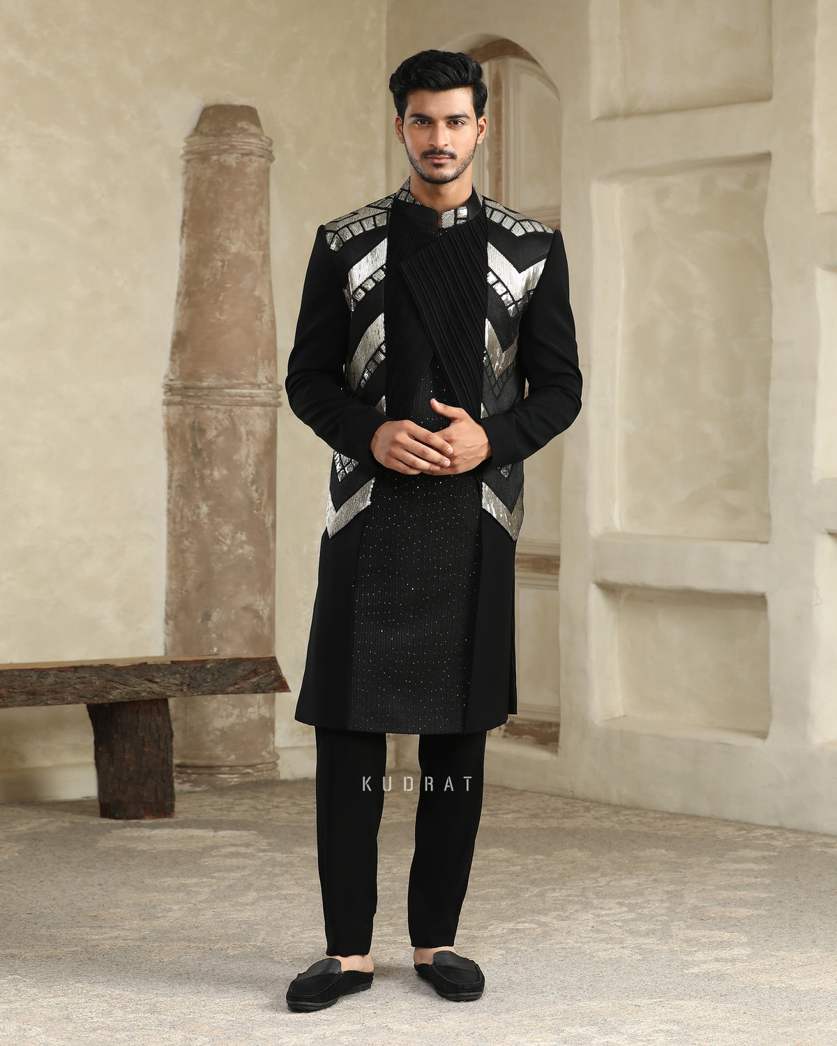 Black Shimmer Panneled Indo Set