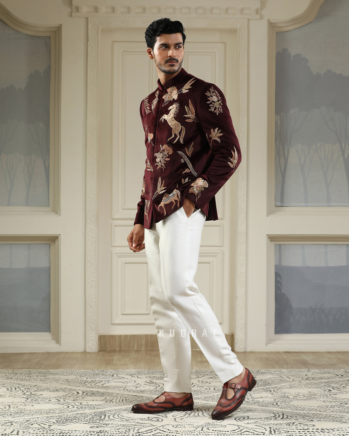 Wine Velvet Ashv Mrig Bandhgala Set
