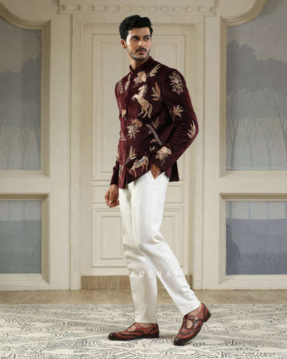 Wine Velvet Ashv Mrig Bandhgala Set