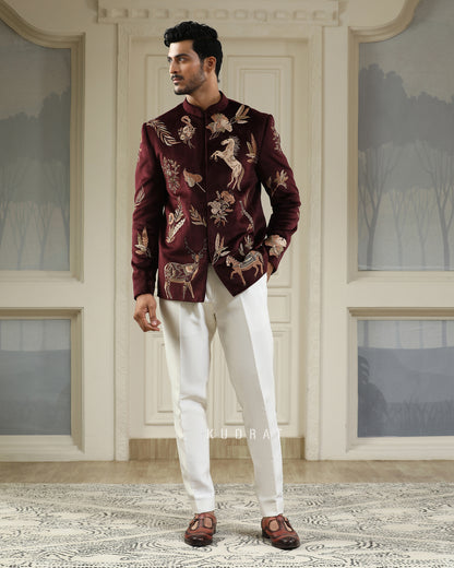 Wine Velvet Ashv Mrig Bandhgala Set