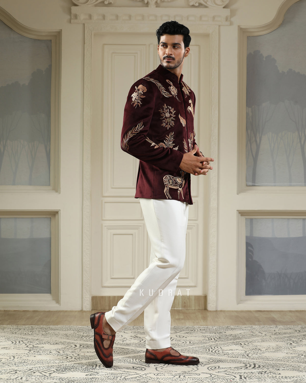 Wine Velvet Ashv Mrig Bandhgala Set