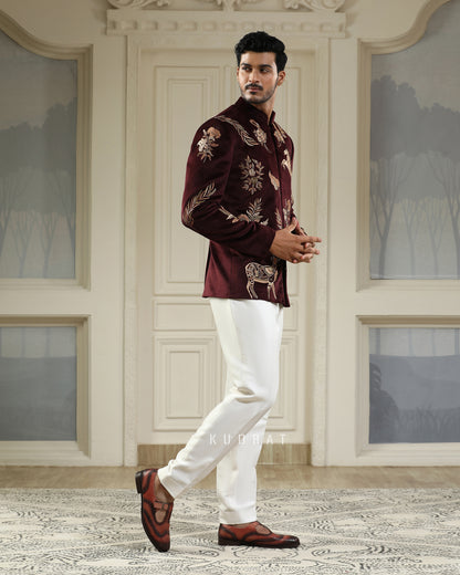 Wine Velvet Ashv Mrig Bandhgala Set