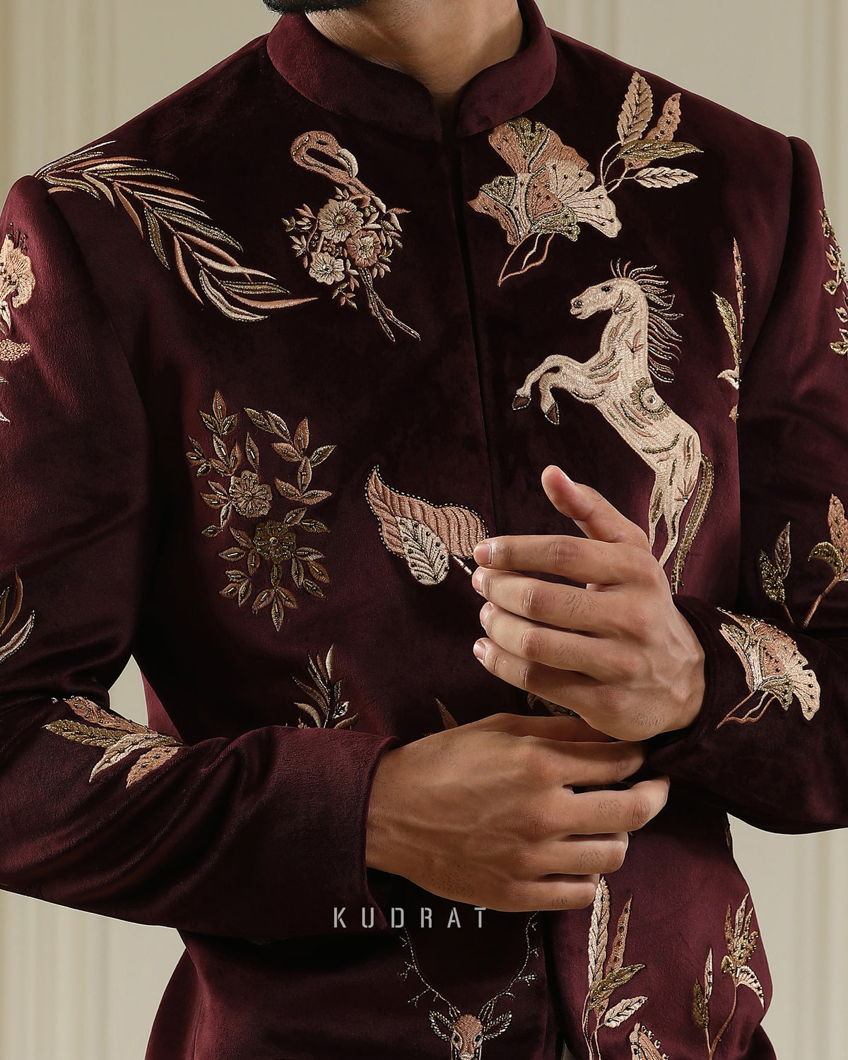 Wine Velvet Ashv Mrig Bandhgala Set