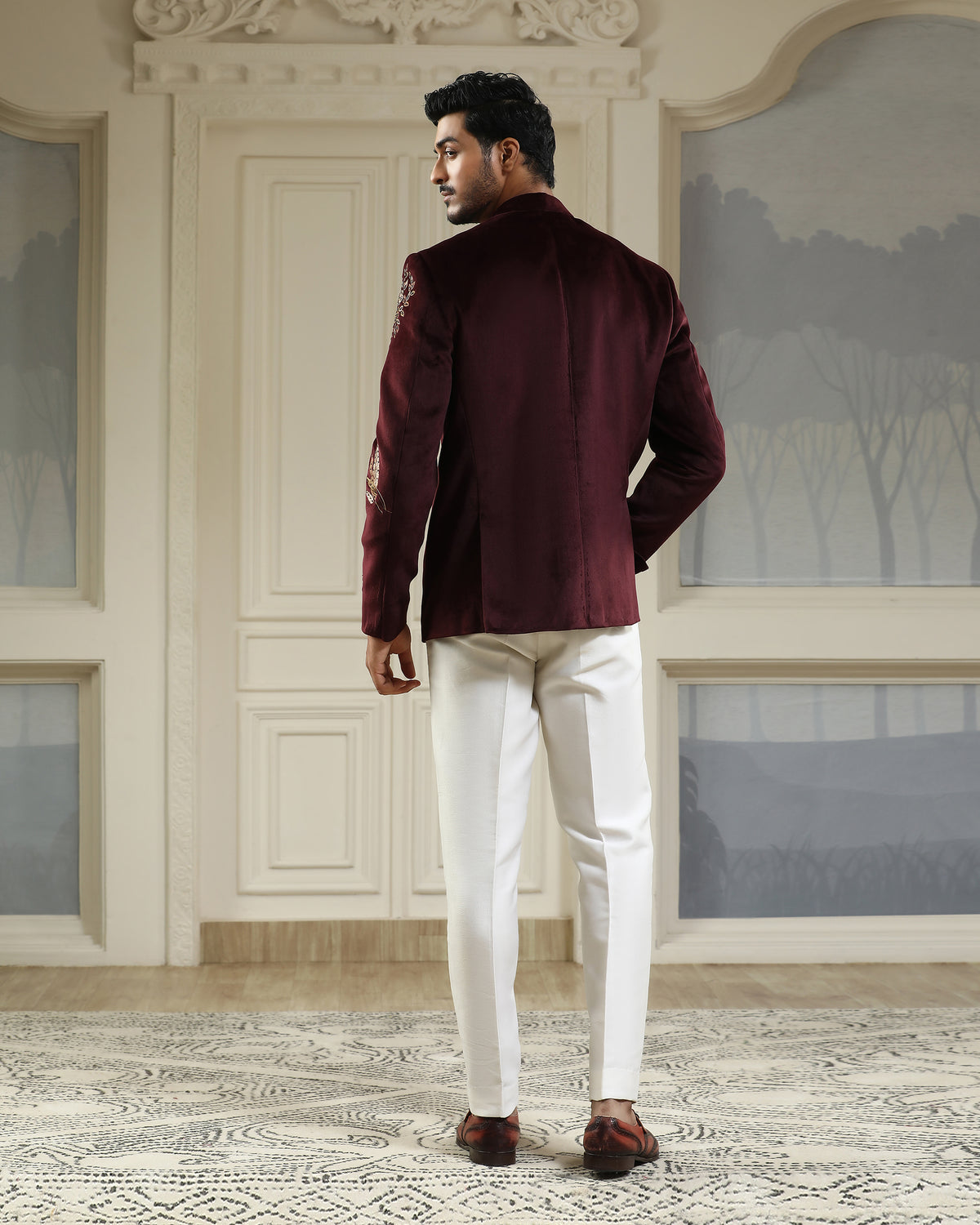 Wine Velvet Ashv Mrig Bandhgala Set
