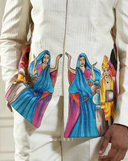 Dancing Village Handpainted Bandhgala