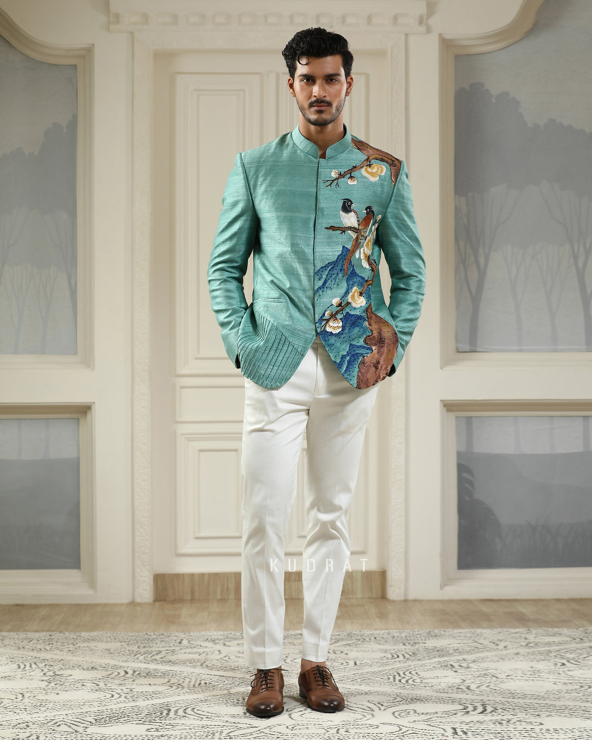 Neel Panchi Hand Painted Embroidered Bandhgala Set