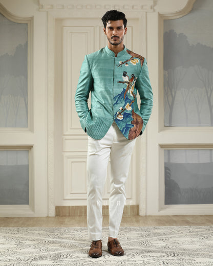 Neel Panchi Hand Painted Embroidered Bandhgala Set