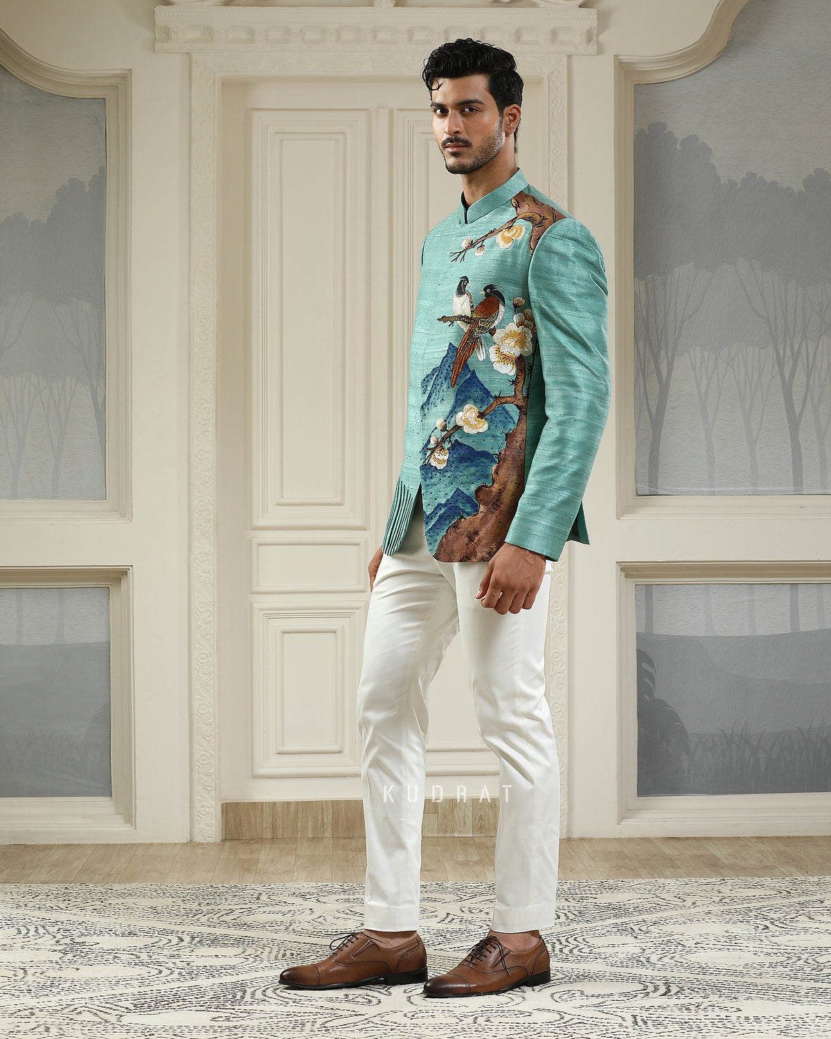 Neel Panchi Hand Painted Embroidered Bandhgala Set