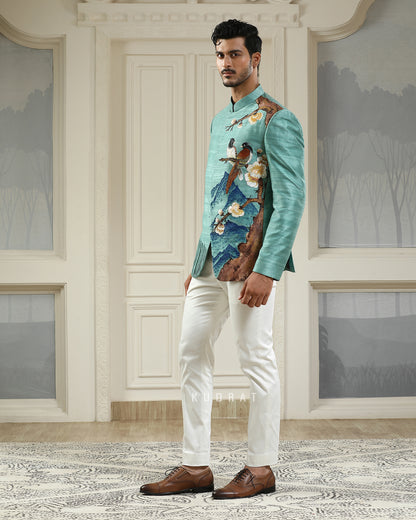 Neel Panchi Hand Painted Embroidered Bandhgala Set