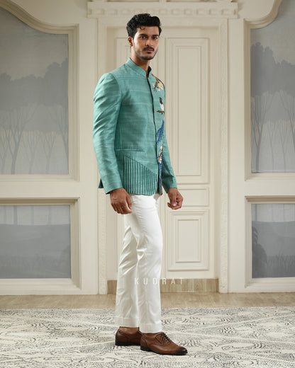 Neel Panchi Hand Painted Embroidered Bandhgala Set
