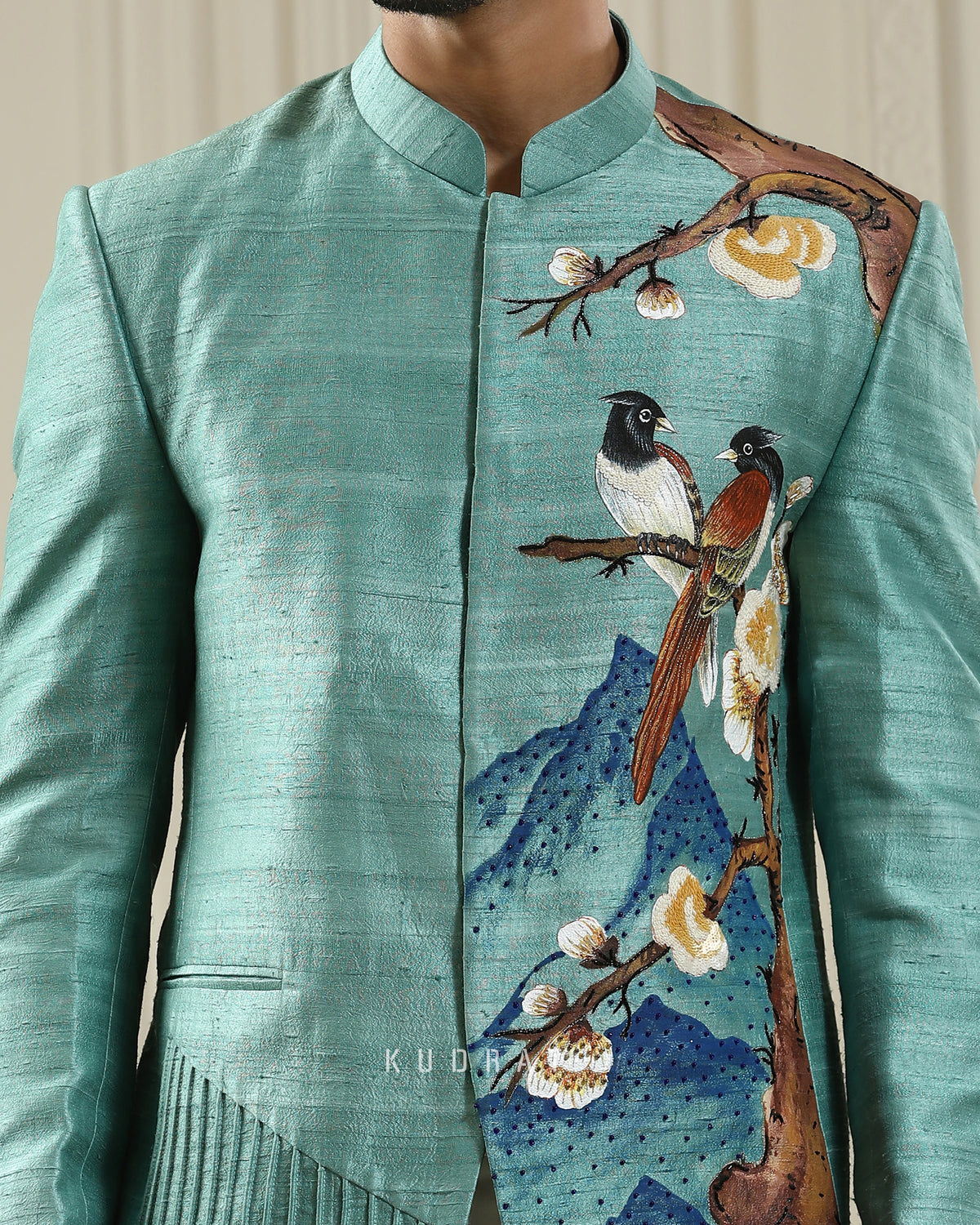 Neel Panchi Hand Painted Embroidered Bandhgala Set