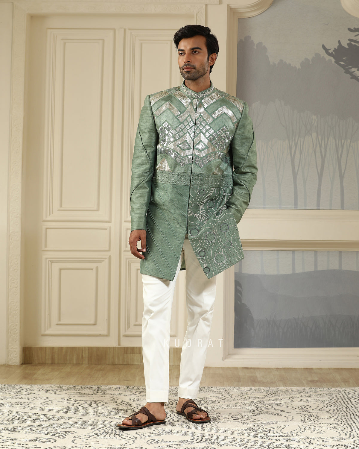 Green Embroidered Short Indo Set Geometry
