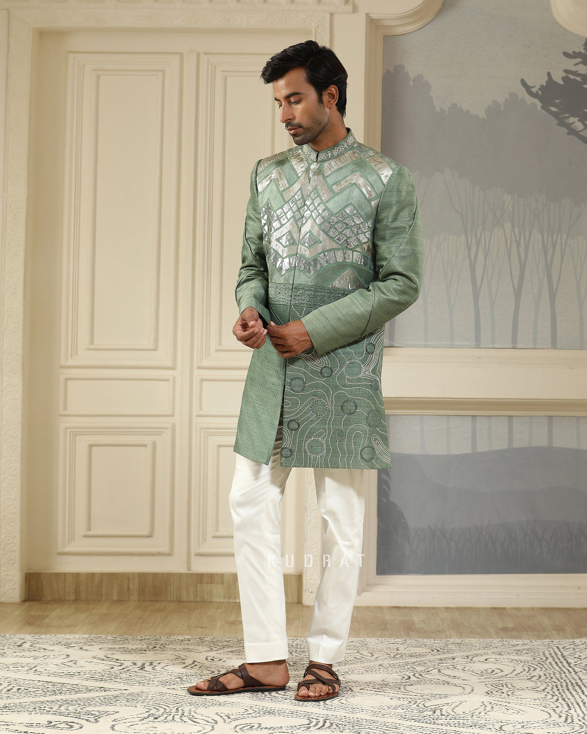 Green Embroidered Short Indo Set Geometry