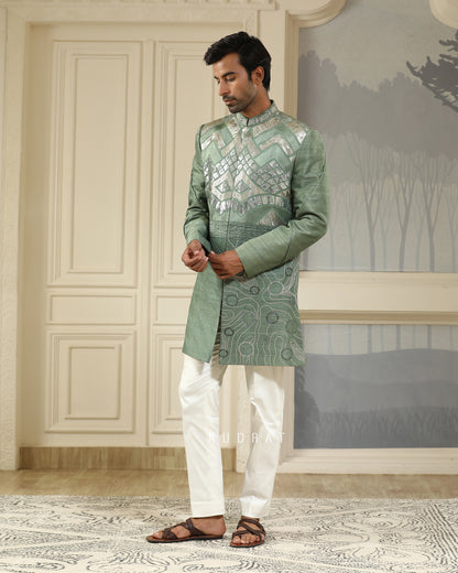 Green Embroidered Short Indo Set Geometry