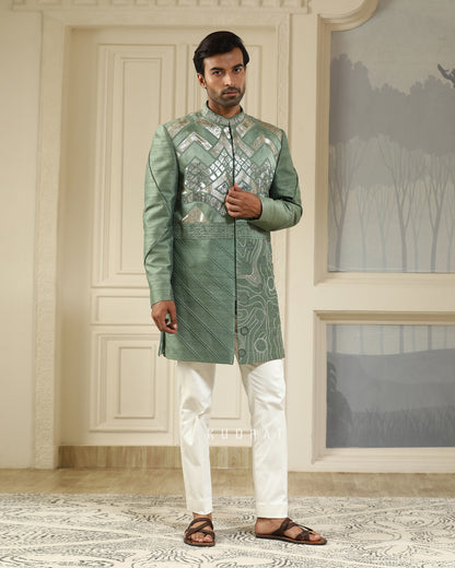 Green Embroidered Short Indo Set Geometry