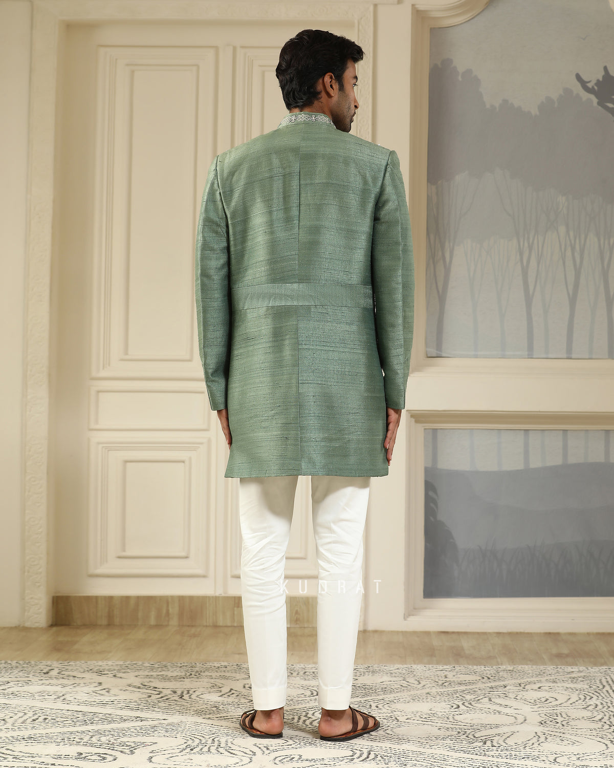 Green Embroidered Short Indo Set Geometry