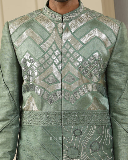 Green Embroidered Short Indo Set Geometry