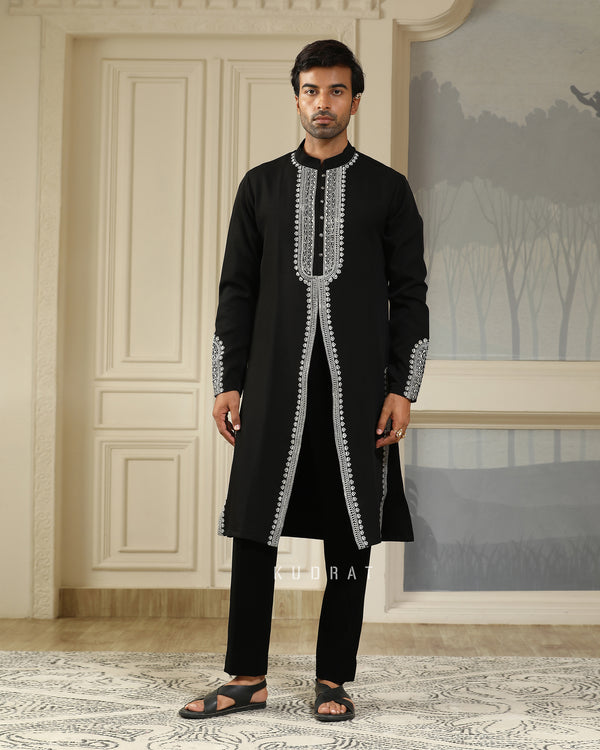 Black v cut Resham Embroidered Kurta Set
