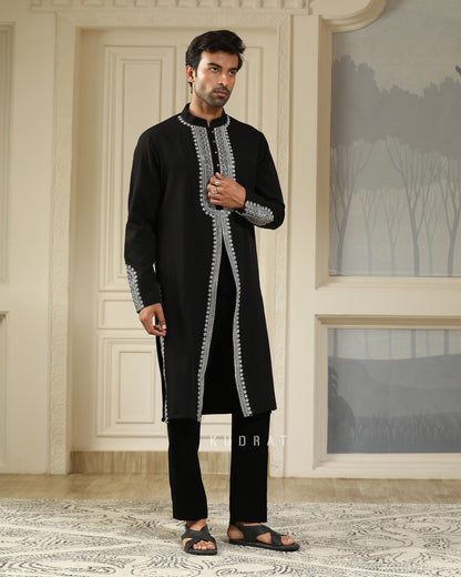 Black v cut Resham Embroidered Kurta Set