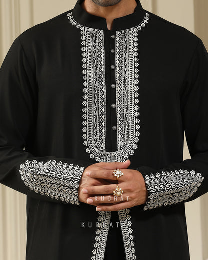 Black v cut Resham Embroidered Kurta Set