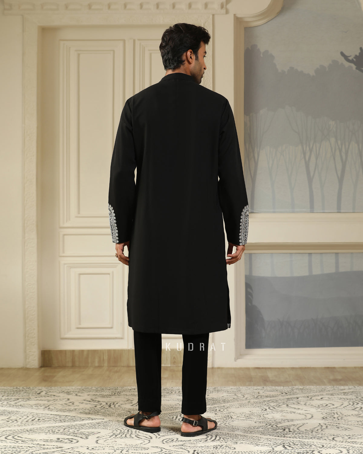 Black v cut Resham Embroidered Kurta Set
