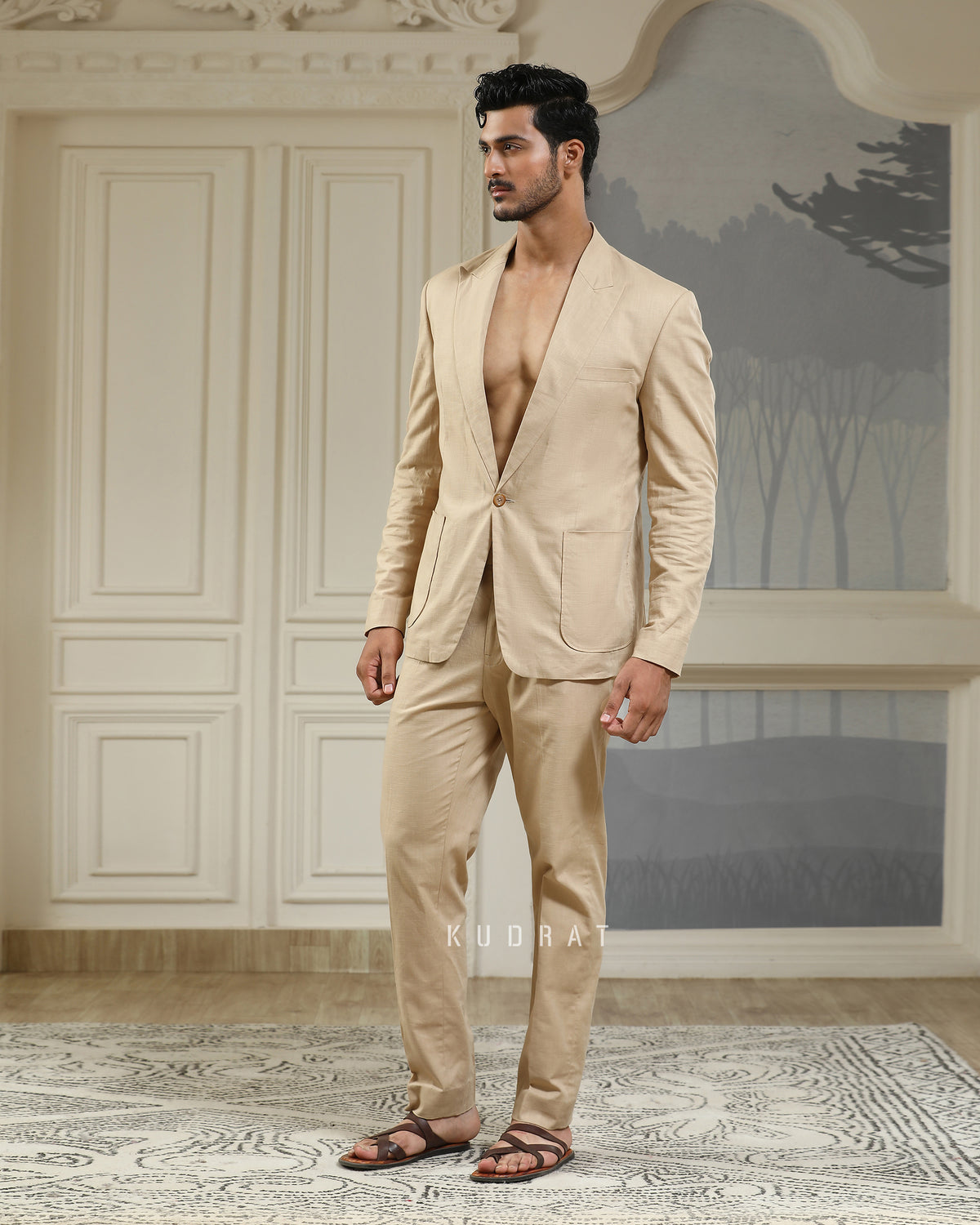 Beige Breeze Linen Blazer Set