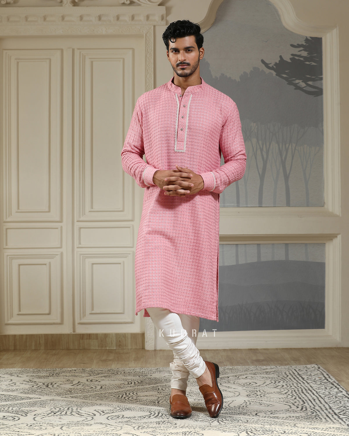 Pink Pearl Embroidered Textured Kurta Set