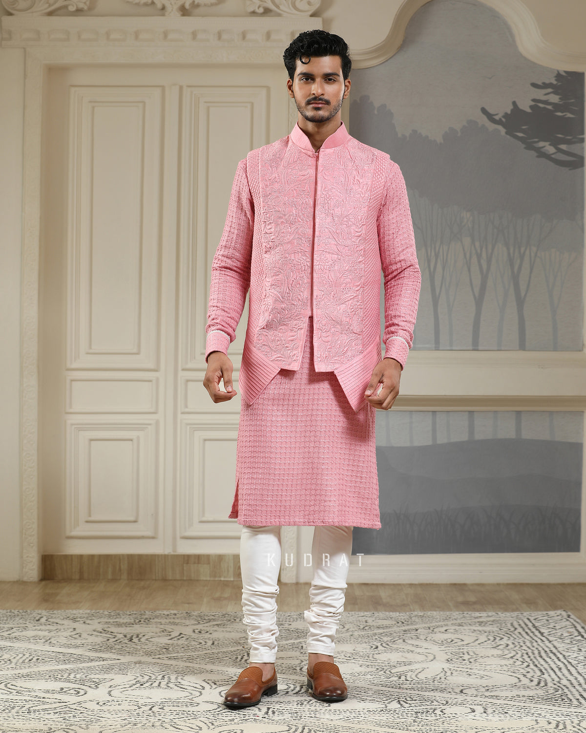 Pink Quilted Baagh Nehru Jacket Set