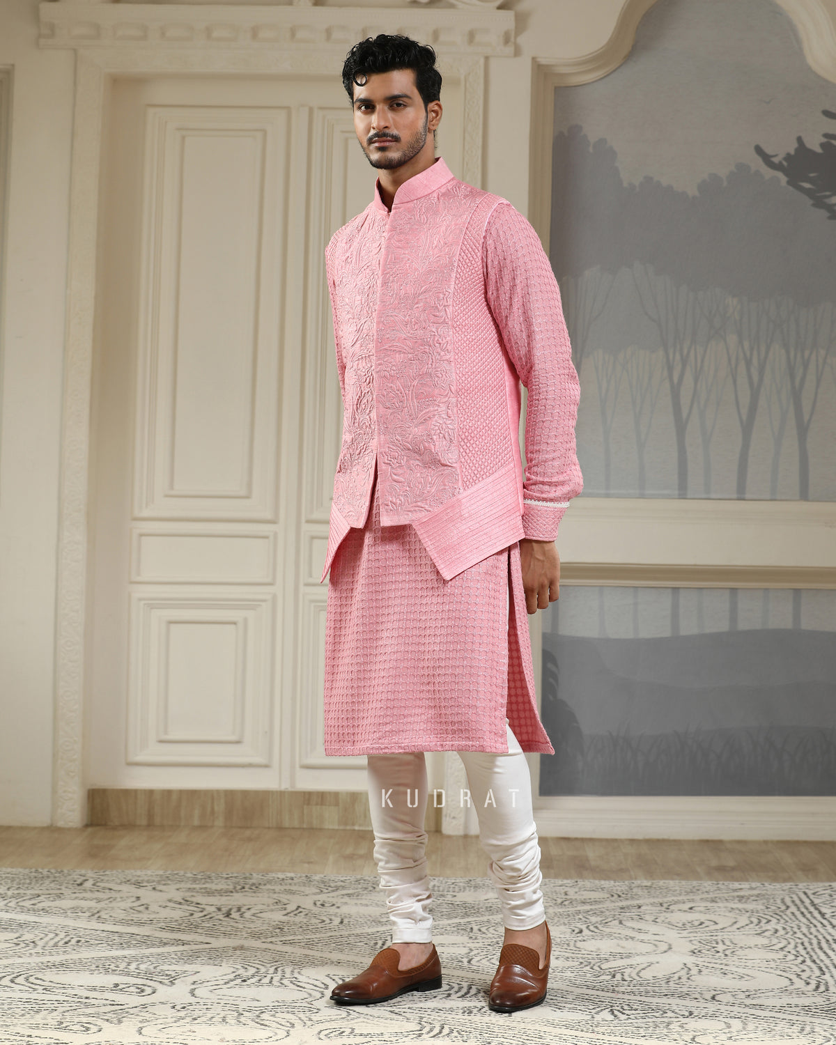 Pink Quilted Baagh Nehru Jacket Set