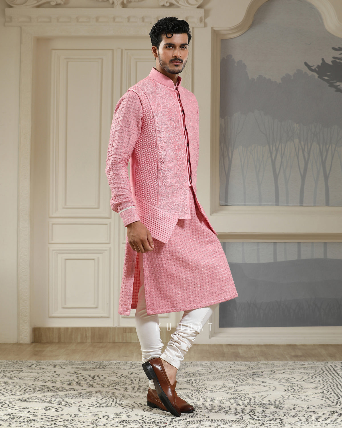 Pink Quilted Baagh Nehru Jacket Set