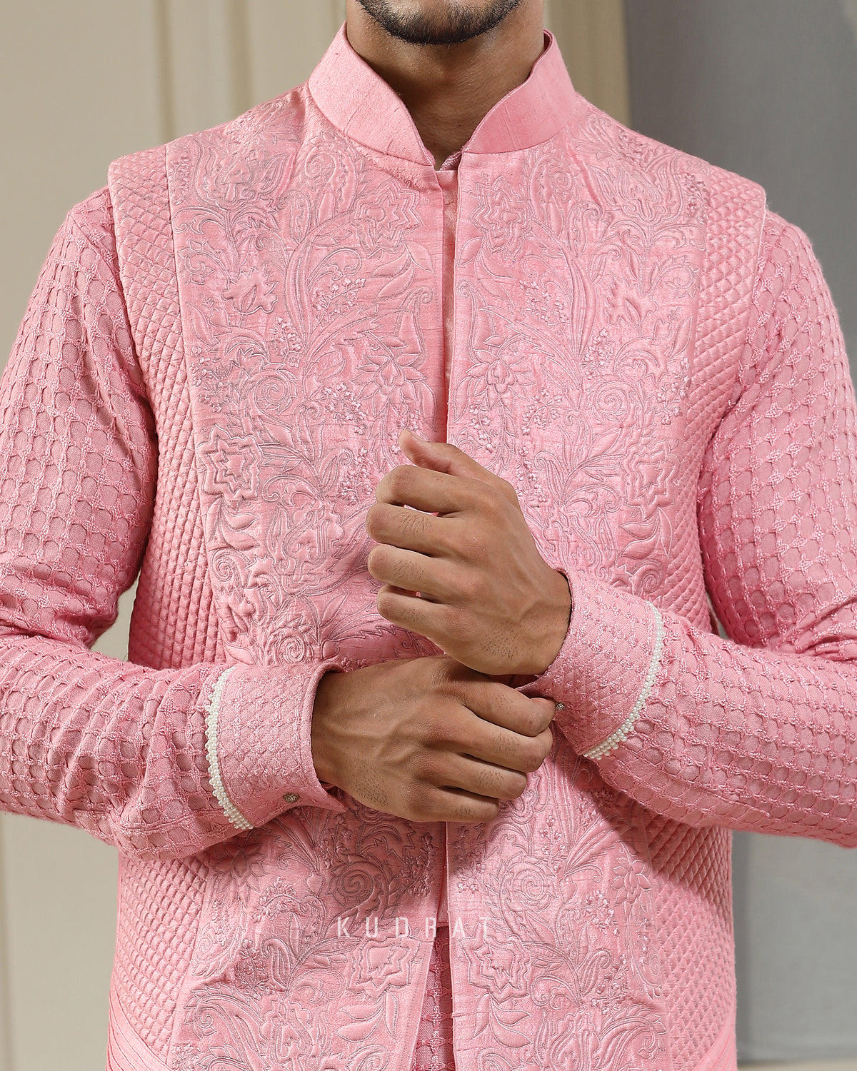 Pink Quilted Baagh Nehru Jacket Set