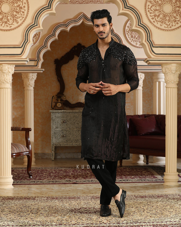 Black Georgette Sheer Embroidered Kurta