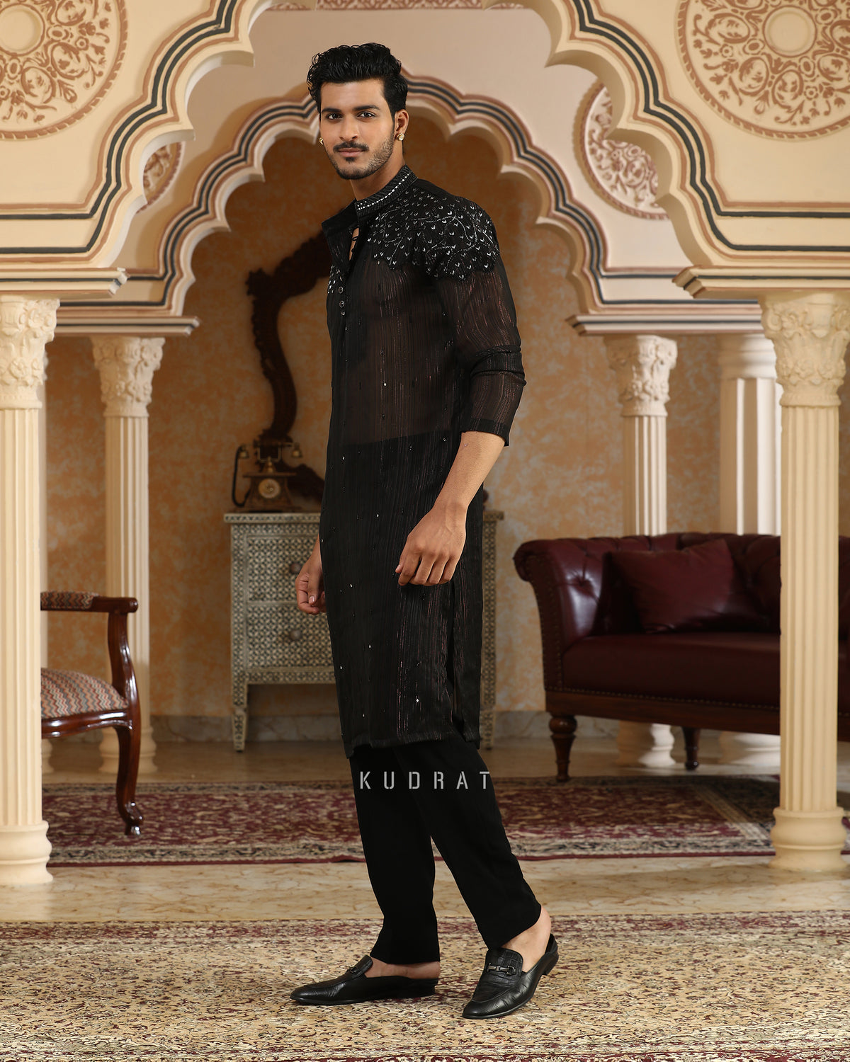 Black Georgette Sheer Embroidered Kurta