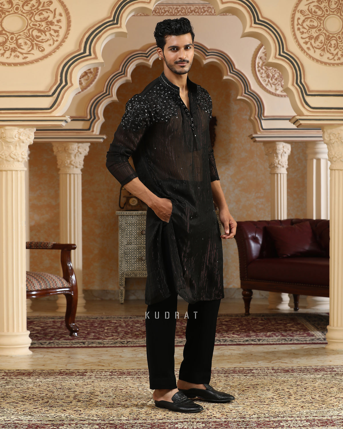 Black Georgette Sheer Embroidered Kurta