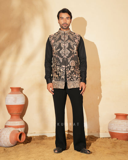 Black Embroidered Nehru Jacket Set