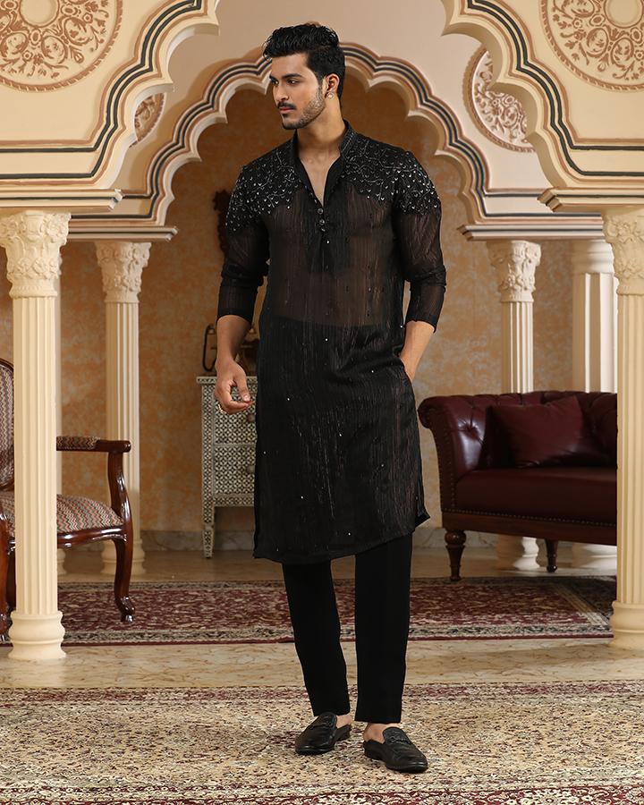 Black georgette sheer embroidered kurta