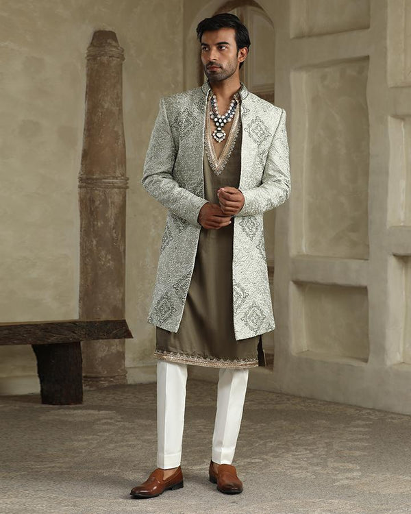 Green embroidered open jacket set