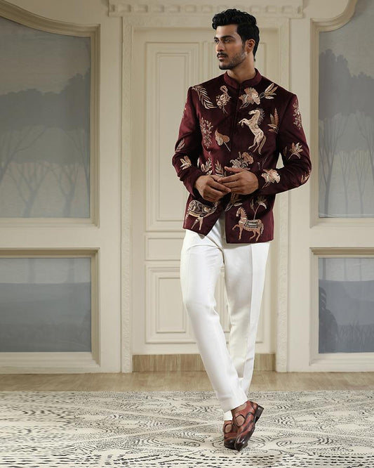 Wine velvet ashv mrig bandhgala set