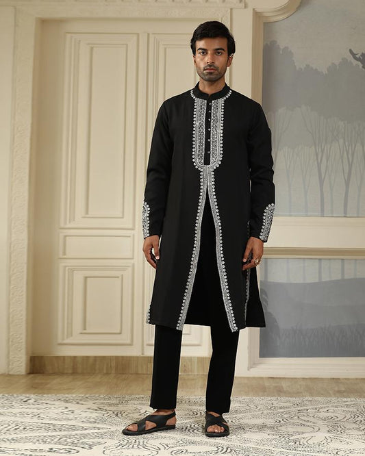 Black v cut resham embroidered kurta set